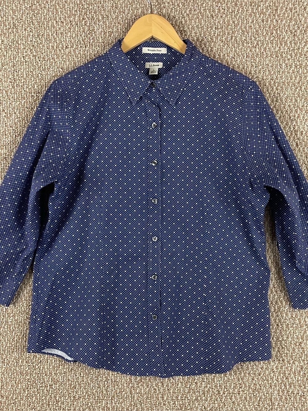 L.L. Bean Shirt Womens Large Wrinkle Free Button Down Blue Polka Dot Career 12